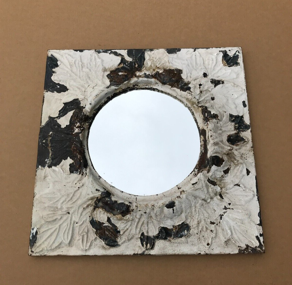 VTG Salvaged 23″ Sq. Shabby White Tin Ceiling Wrapped Wreath 12″ Mirror 1894-23B