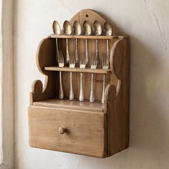 Rustic Pine Wood Cutlery Wall Furniture with Drawer, 1950s