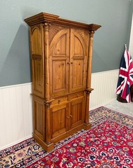 Vintage English Large Pine Cupboard Cabinet Corinthian Capitals Fluted Columns