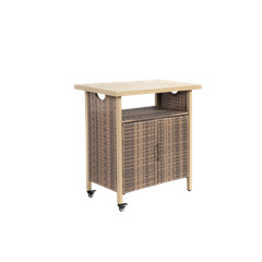 Outdoor Beige Wicker Bar Cart Rolling Rattan Beverage Serving Cart