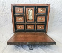 19th c. Italian Marquetry Table Cabinet, Bovine Bone Inlay Roman Figures W/Key