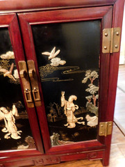 Vintage Chinoiserie Chinese Black Lacquer Hard Stone Finish Art Console Cabinet