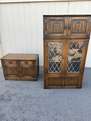 67410 Mid-Century Oak Cabinet with Desk and Leaded Glass Doors