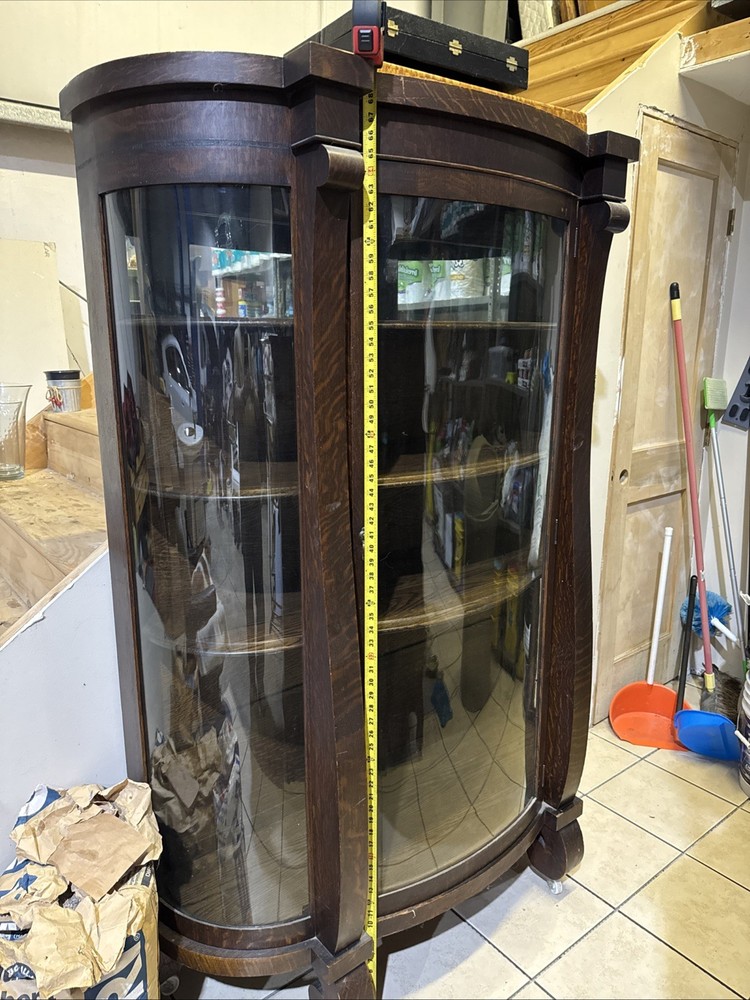 Antique American Empire Victorian Oak Wood Bowed Glass China Cabinet Curio