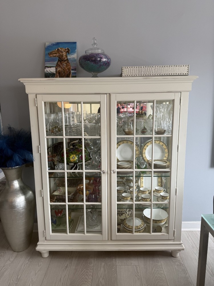 White China/Curio Cabinet (Neiman Marcus, wood/glass, 52×54×17)