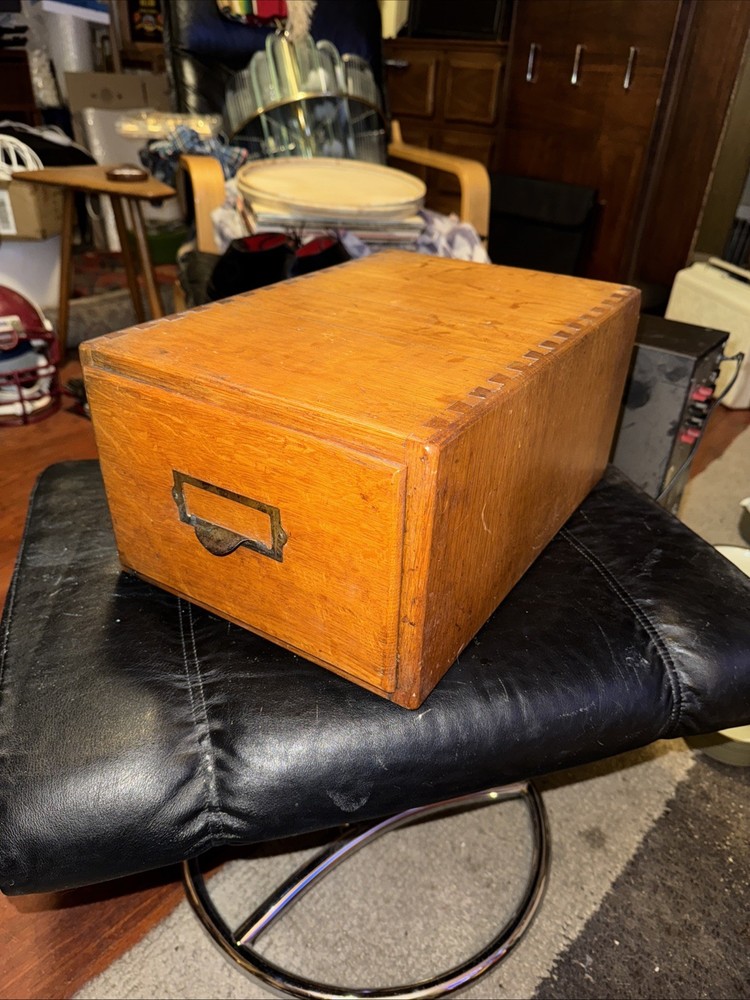 Vtg 1 Drawer Library Card Catalog Box Index File 15x10x7 Dovetail 5×8 Card