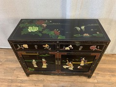 Vintage Chinese Asian Black Lacquer Cabinet Side Entry Table w Stone Onlay