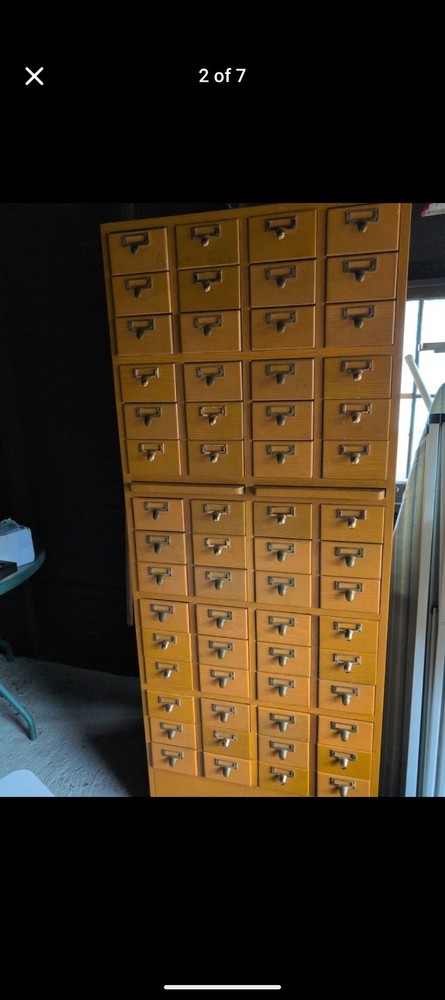 Vintage Solid Oak 60 Drawer Library Card Catalog File Cabinet