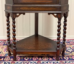 Antique English Jacobean Corner Cabinet Barley Twist Legs Glass Door Oak 1920s