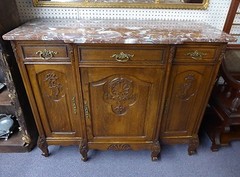 Antique French Oak Sideboard w/Marble Top,3 Doors.w/Carved Foliate & Shells 1930