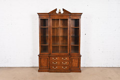 Henredon Georgian Carved Mahogany Lighted Breakfront Bookcase Cabinet