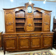 French Antique Burled Walnut Louis XV Buffet Cabinet With Grand Father Clock