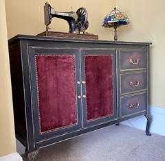 SOLD!Sideboard Storage Cabinet. Red/Black. Queen Anne Legs. Velvet Fronts. SOLD!