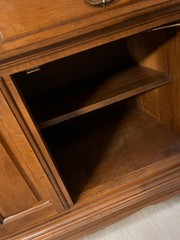 1826 mid century maple hutch 2 glass 2 wood doors 2 drawer excellent comfort
