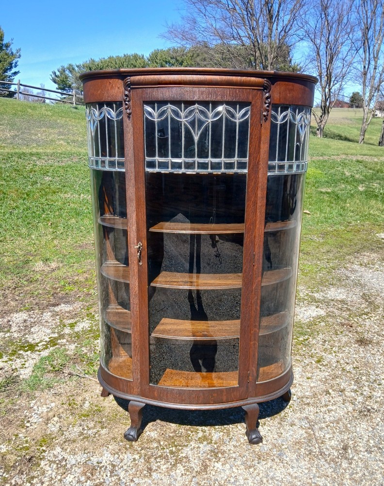 Antique Quartersawn Oak Leaded Curved Glass China Cabinet with Claw Feet 1920s