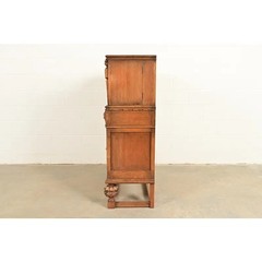Antique English Jacobean Carved Oak Bar Cabinet, Circa 1920s