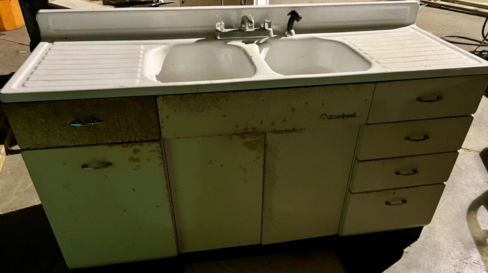 Vintage Whirlpool Sink and Base Cabinet,hot water heater Cab and and metal Top
