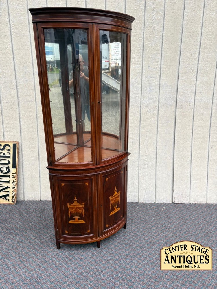 66914 Vintage Inlaid Mahogany Corner Curio Cabinet with Glass Doors