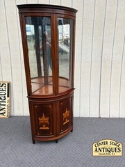 66914 Vintage Inlaid Mahogany Corner Curio Cabinet with Glass Doors