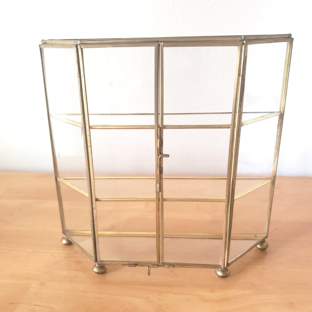 Vintage Brass Glass Feature Display Case,Curios Tabletop Cabinet 8.5″ Tall