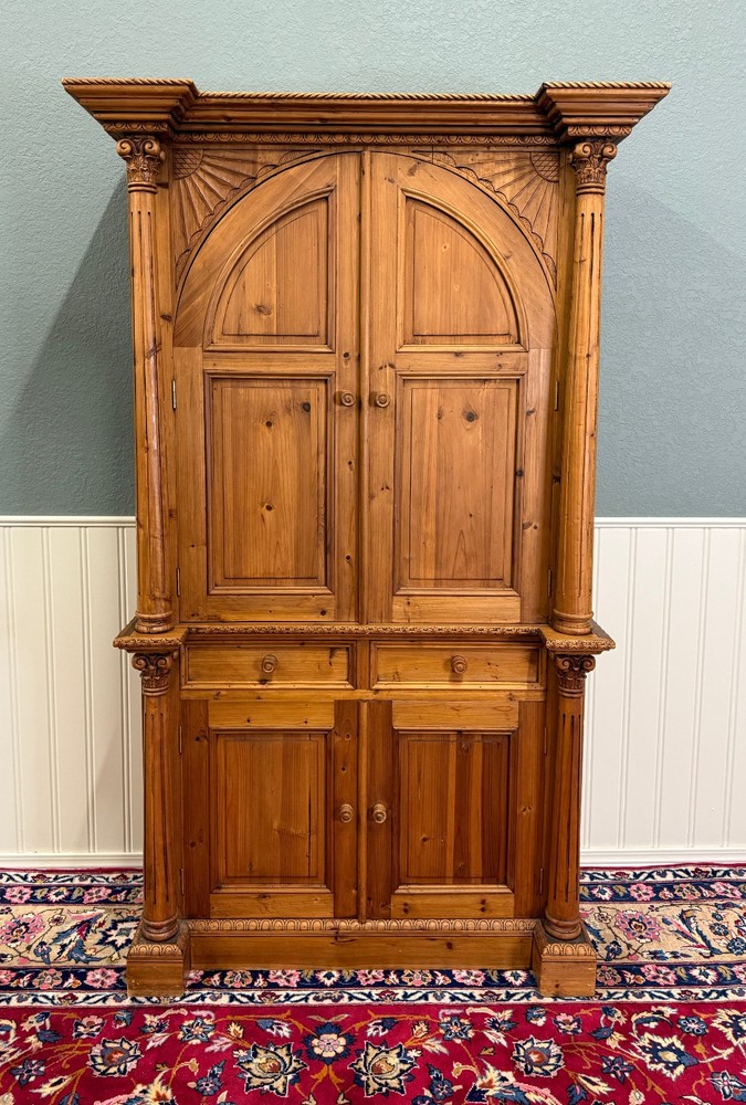Vintage English Large Pine Cupboard Cabinet Corinthian Capitals Fluted Columns