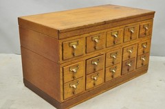 Antique Arts & Crafts Library 15 Drawer Mission Oak Stacking Card File Cabinet