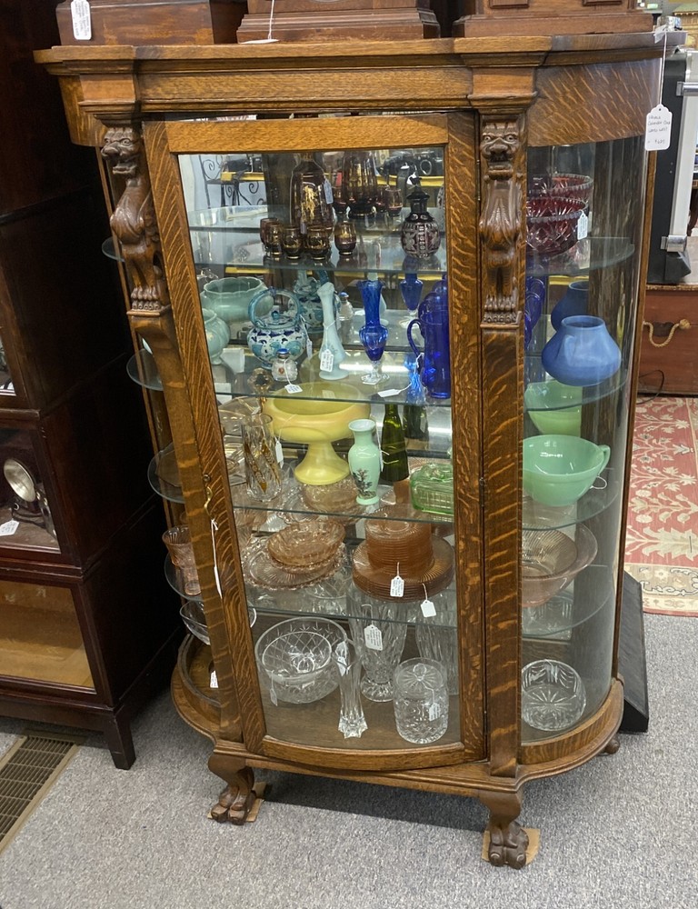 Stunning Antique Oak China Cabinet W/Griffins, Beautiful Wood Grain, Light Added