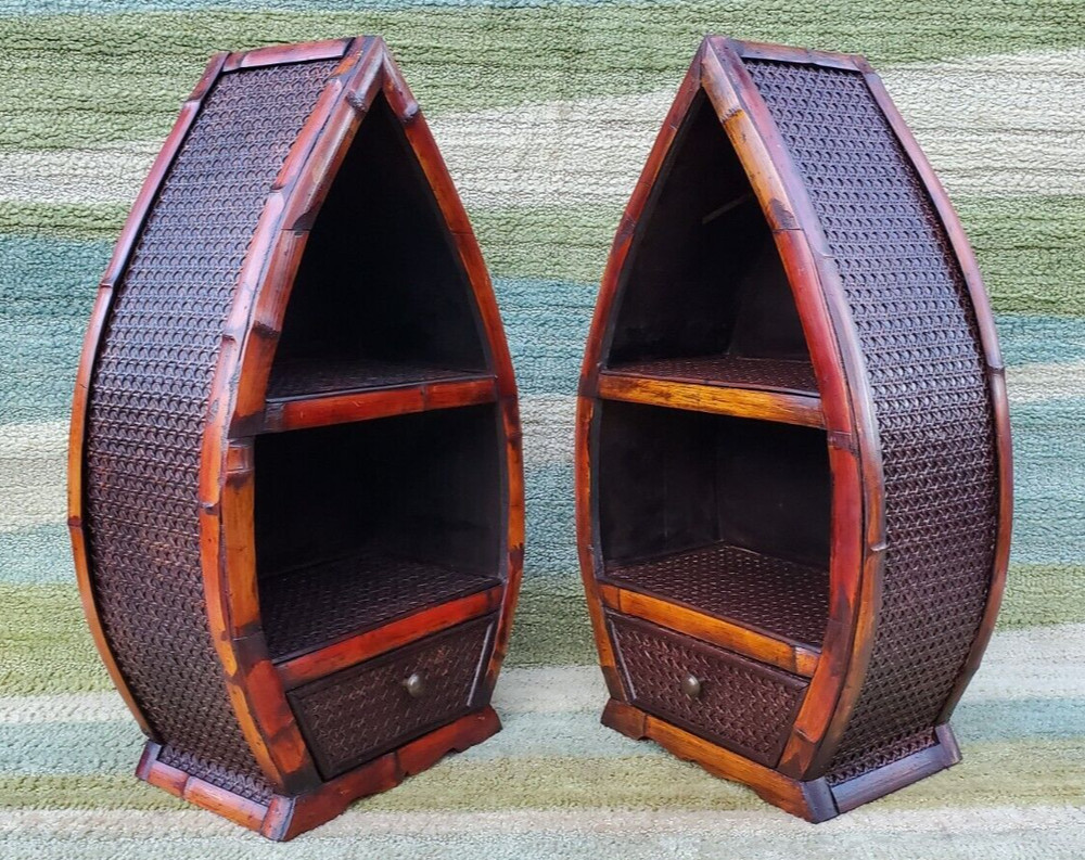 Pair Of Vintage Dark Rattan Wicker & Bamboo Shelves with Drawers