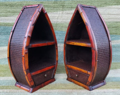 Pair Of Vintage Dark Rattan Wicker & Bamboo Shelves with Drawers