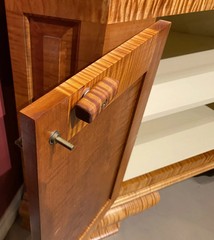 JP Callahan Custom Tiger Maple Two-Part Corner Cupboard with Shell Carving