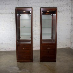 Modern Pair Lighted Display Cabinets by Bassett Furniture Cherrywood & Brass