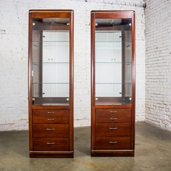 Modern Pair Lighted Display Cabinets by Bassett Furniture Cherrywood & Brass