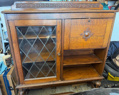 Genuine antique english oak leaded glass cabinet and writing desk good condition
