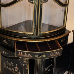 Pair Lighted Vintage Ebonized & Gilt Karges School Corner Cabinets 20thC