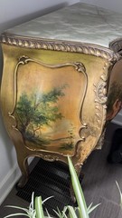 Gilt & Vernis Martin Painted Marble Top Bombay Commode 38ht X 30w X 16d