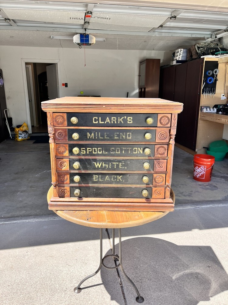 Antique Clark’s Mile End Spool Cotton Cabinet With Embossed Tin