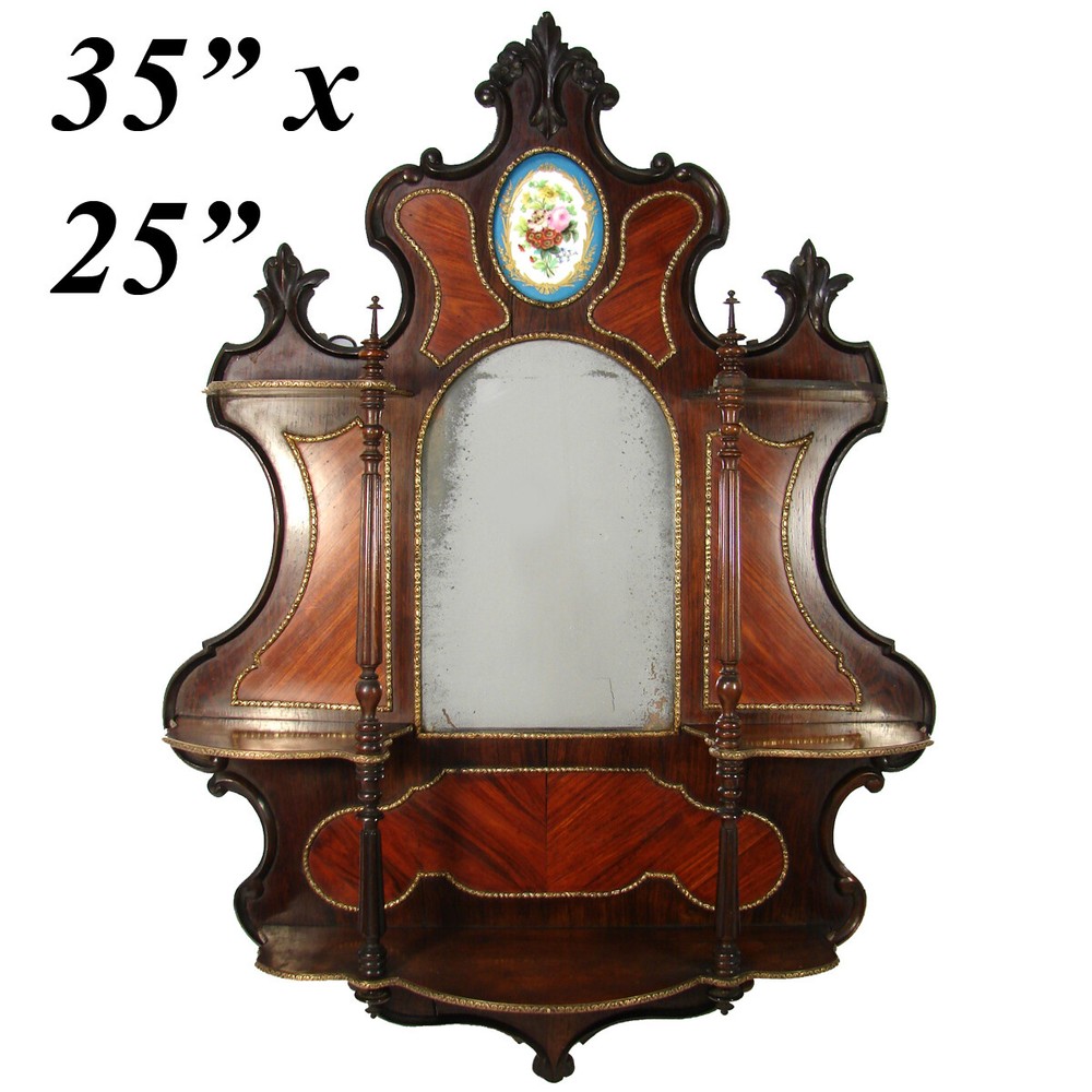 HUGE 35″ Antique French Napoleon III Wall Shelf, Kingwood & Ormolu, Sevres Plaq