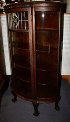 Victorian Carved Wood & Glass Curio Cabinet Leaded Glass Convex Ball & Claw Feet
