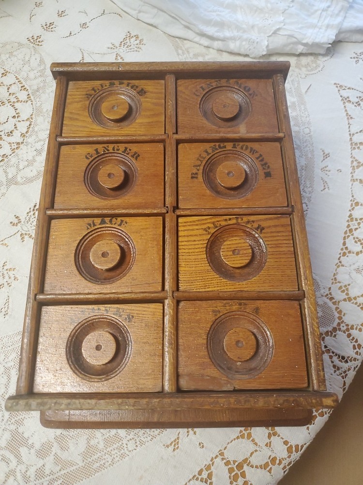 Antique Vintage 8-Drawer Wood Wall Hanging Spice Cabinet