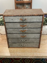 Vintage Industrial Small Parts Drawer Cabinet Wood Metal Patina 16” Tall