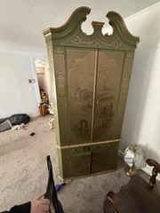 Antique Green Gold Painted Wood Cabinet Asian Motif Carvings 4 Doors 2 Drawers