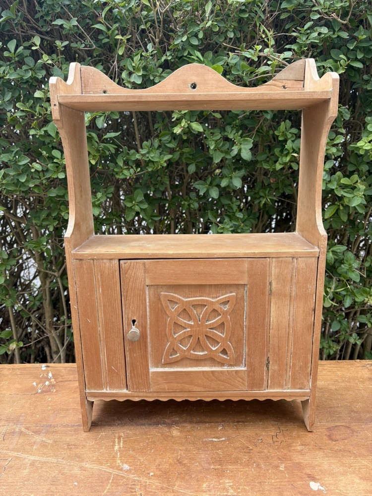 Stunning antique Celtic Carved Pine Wall Cabinet / shelf with door, delivery