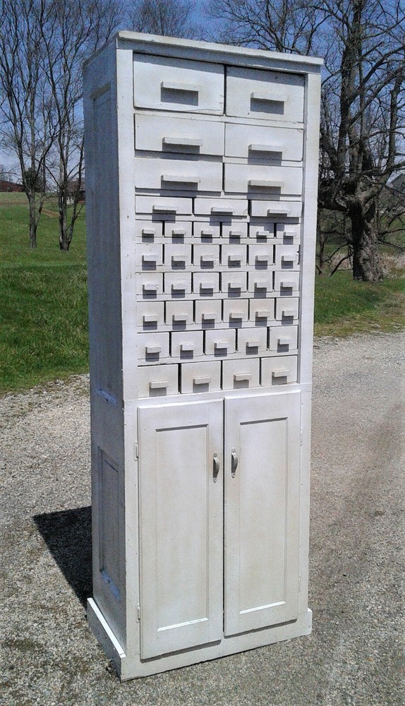 Antique Primitive 42 Drawer Hardware Cabinet One Piece Wall Unit 1950s Rustic