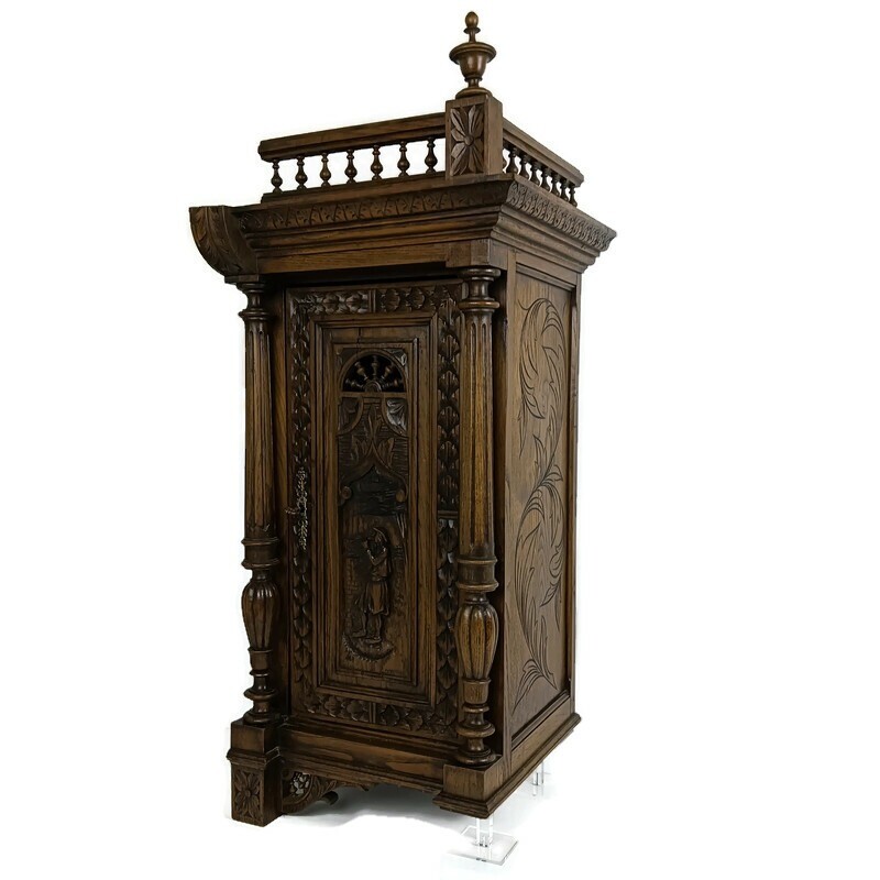 Stunning Antique Corner Cabinet Hand Carved Wood French Breton for left corner W