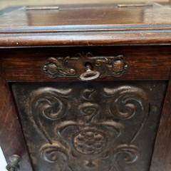 Small Antique Oak Smokers Cabinet. Art nouveau with metal front, working lock vg