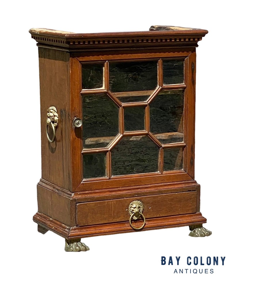 ANTIQUE GEORGE III OAK SPECIMEN OR VALUABLES CABINET WITH LION’S HEAD MOUNTS