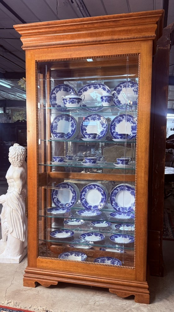 Vintage Oak Curio Cabinet With Side Opening Glass Doors Beaded Time Display Case
