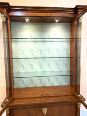 Italian Burled Walnut Display Cabinet | Glass Door & 3 glass Shelves & Light