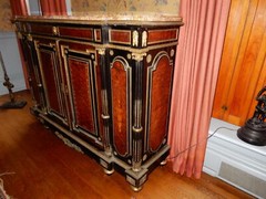 ANTIQUE FRENCH NAPOLEON III INLAID AND BURL ORMOLU MARBLE TOP SIDEBOARD CA. 1860