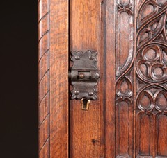50″ Tall Pair of Vintage French Solid Oak Wood Highly Carved Gothic Cabinets
